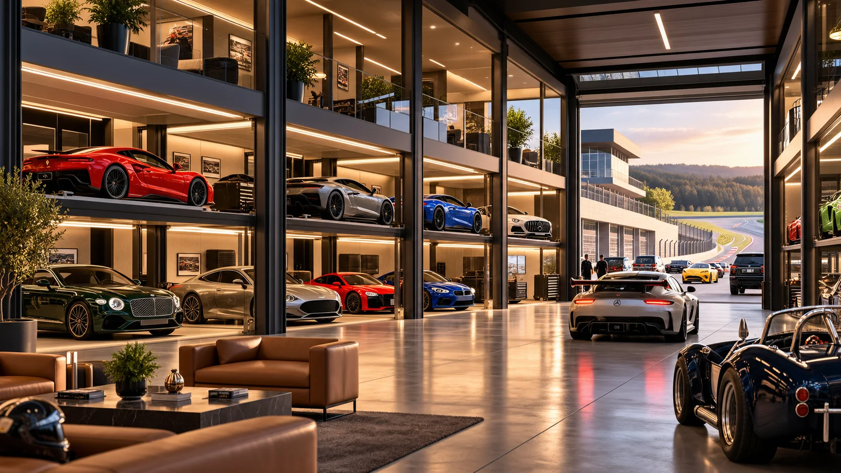 Illustration: private car garages with lounge, opening onto a club circuit